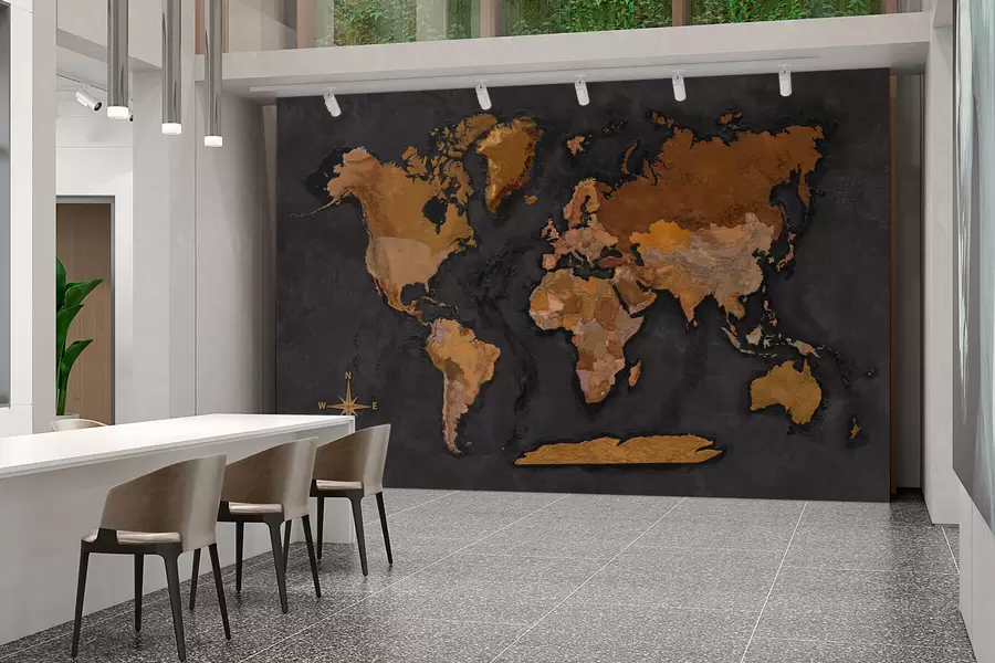 wall murals World map on the grunge wall with concrete effect w02552