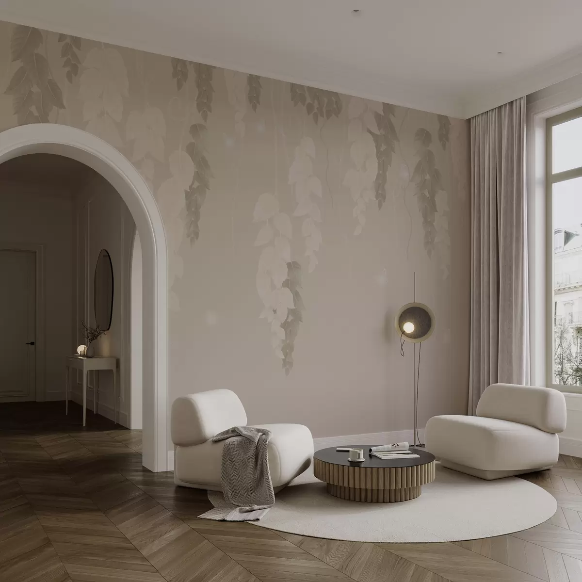 wall murals Hanging leaves and butterflies in beige w02655v2