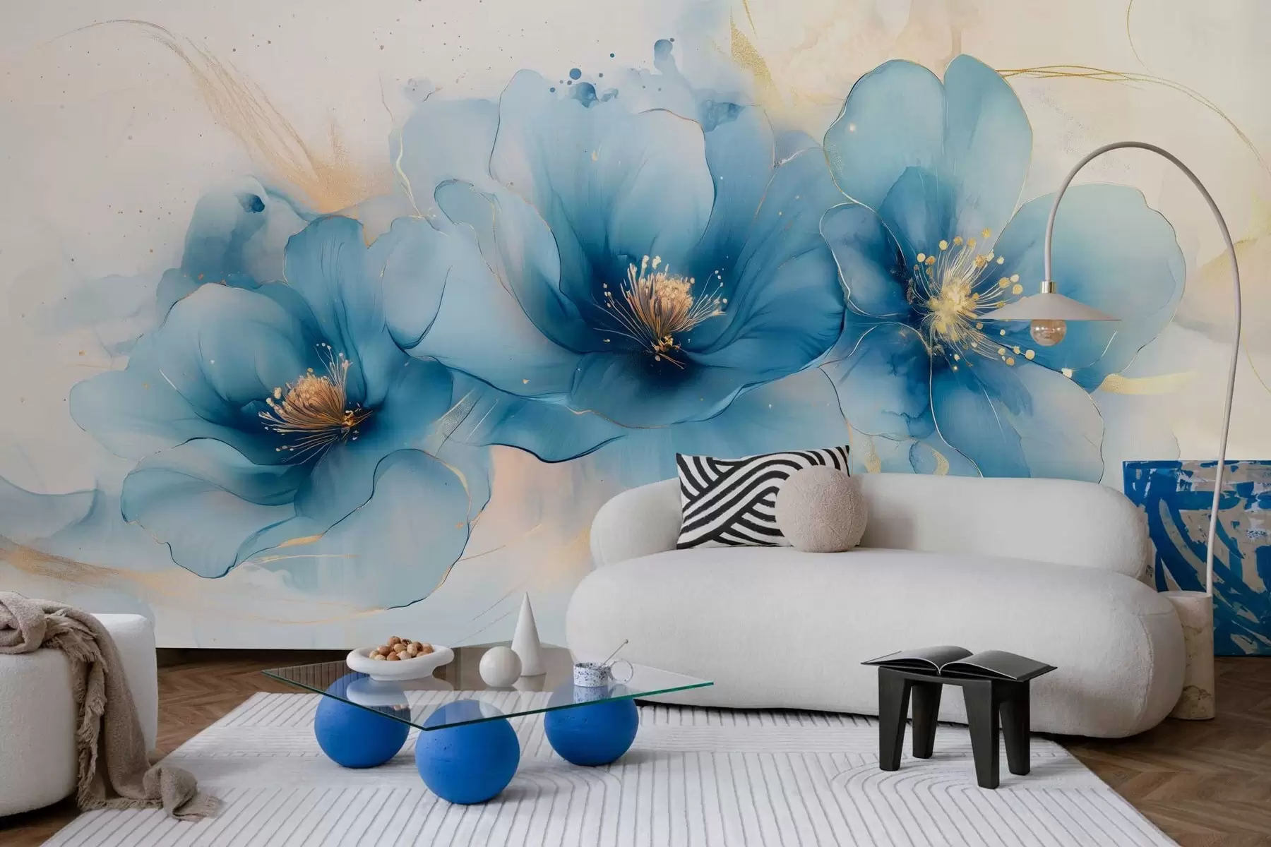 wall murals Dreamy floral painting with large, delicate blue flowers w02769