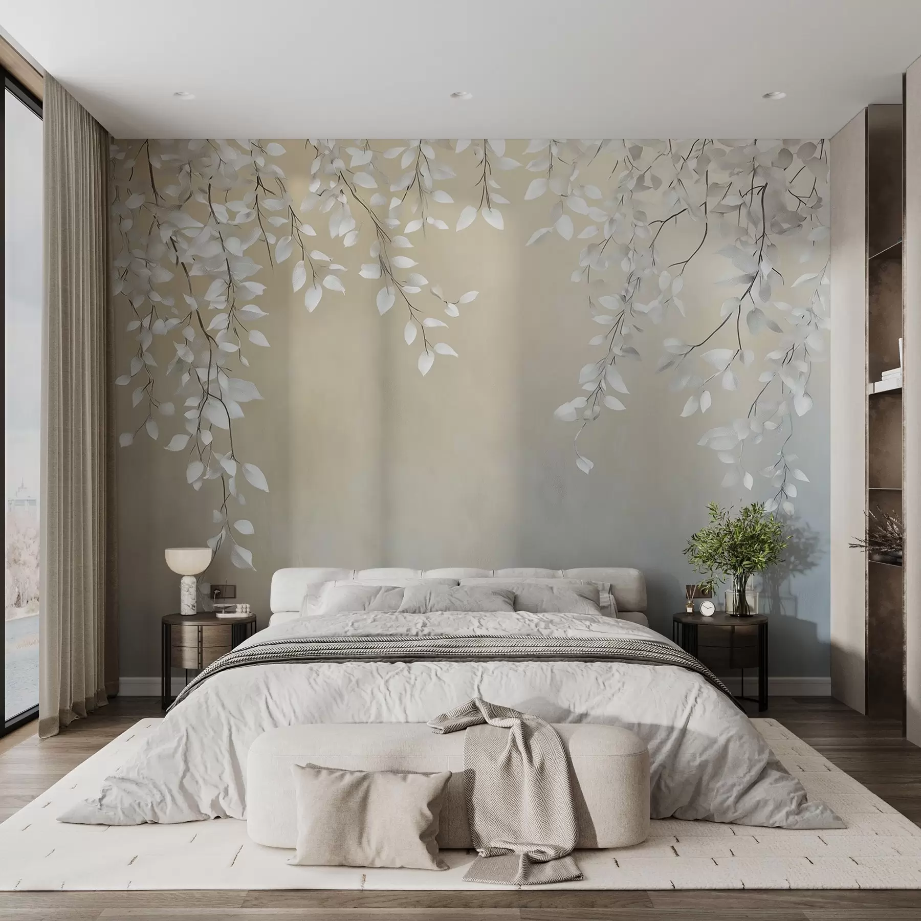 wall murals Delicate branches with white leaves hanging down w02868