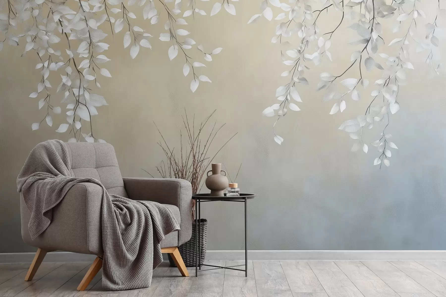 wall murals Delicate branches with white leaves hanging down w02868