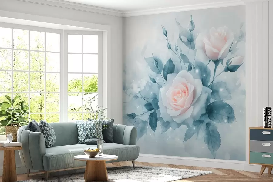 wall murals Delicate peach roses in shades of turquoise in a watercolor style w02871