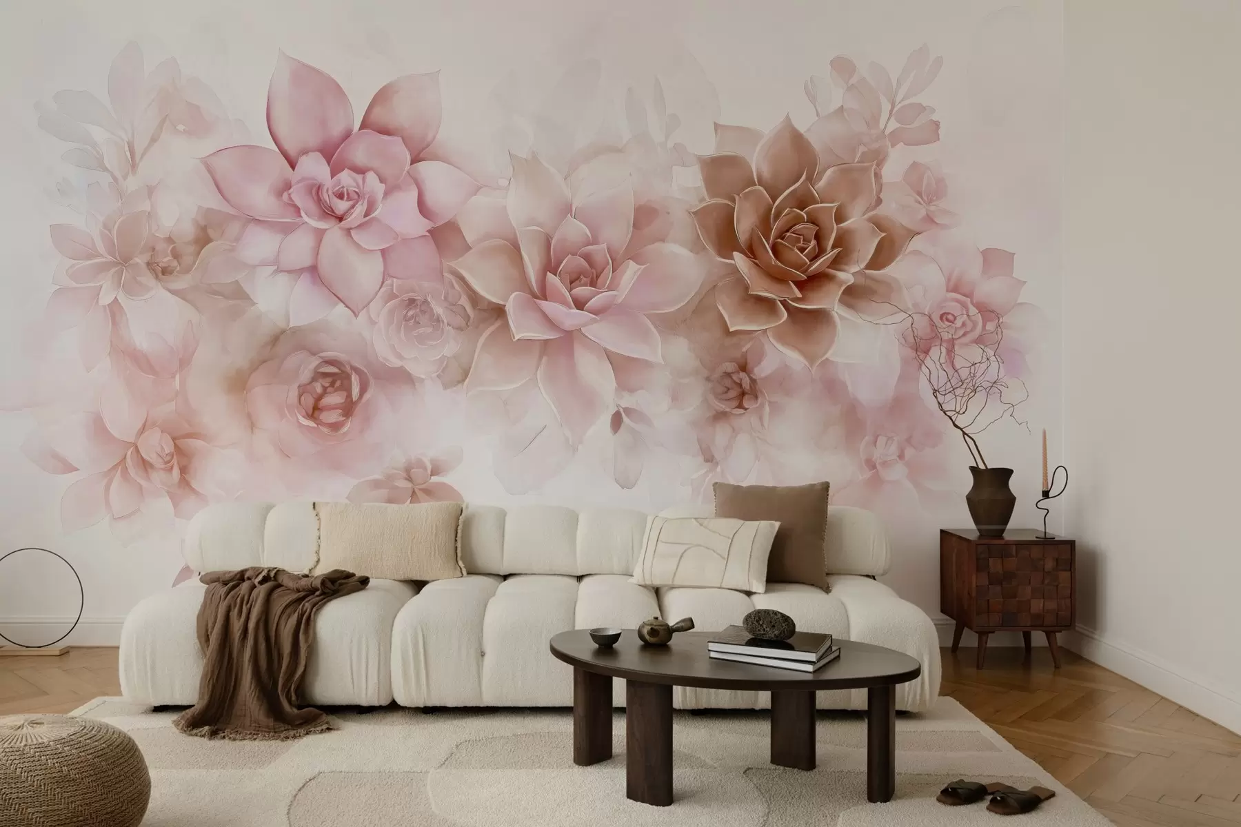 wall murals Delicate lush succulents and floral elements in watercolor style in warm colors w02873