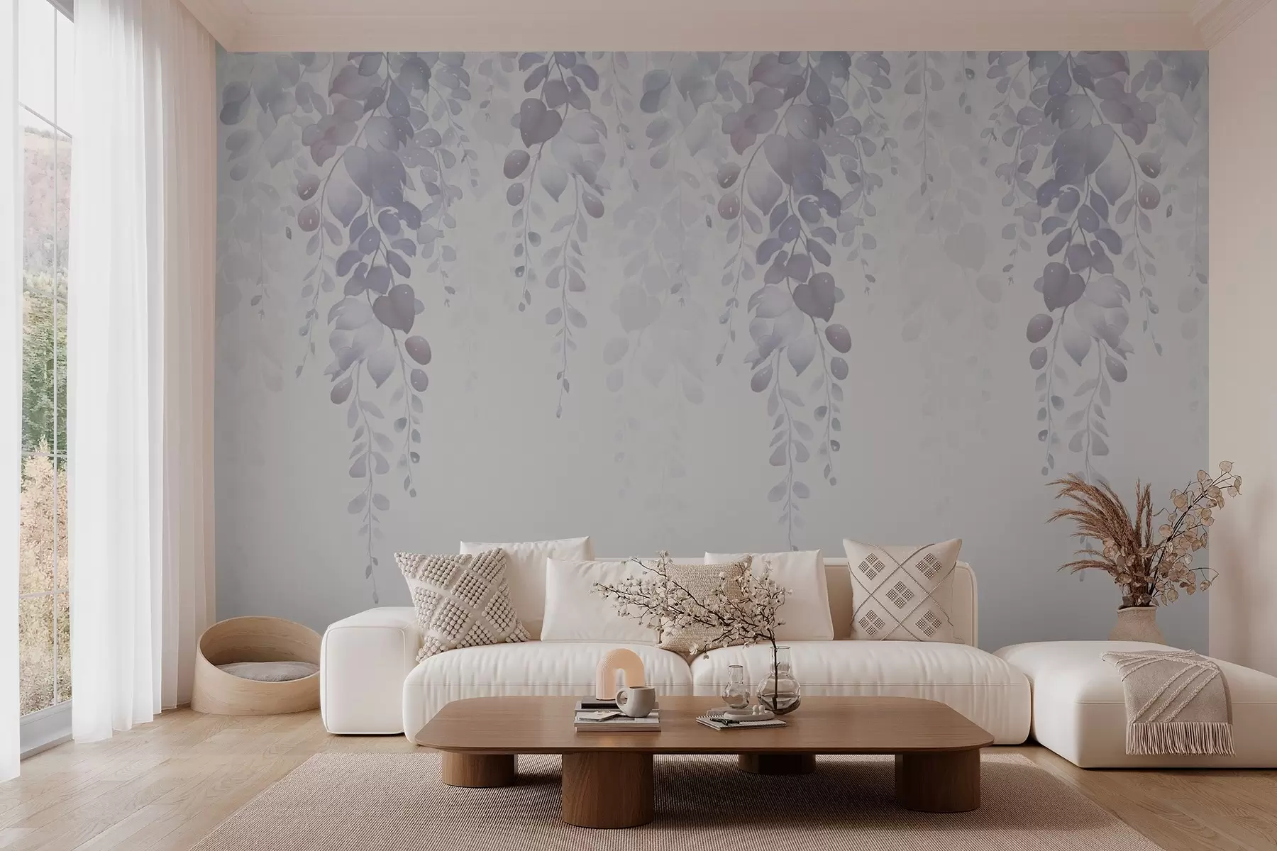 wall murals Hanging branches with leaves imitation watercolor purple shades w02885v1