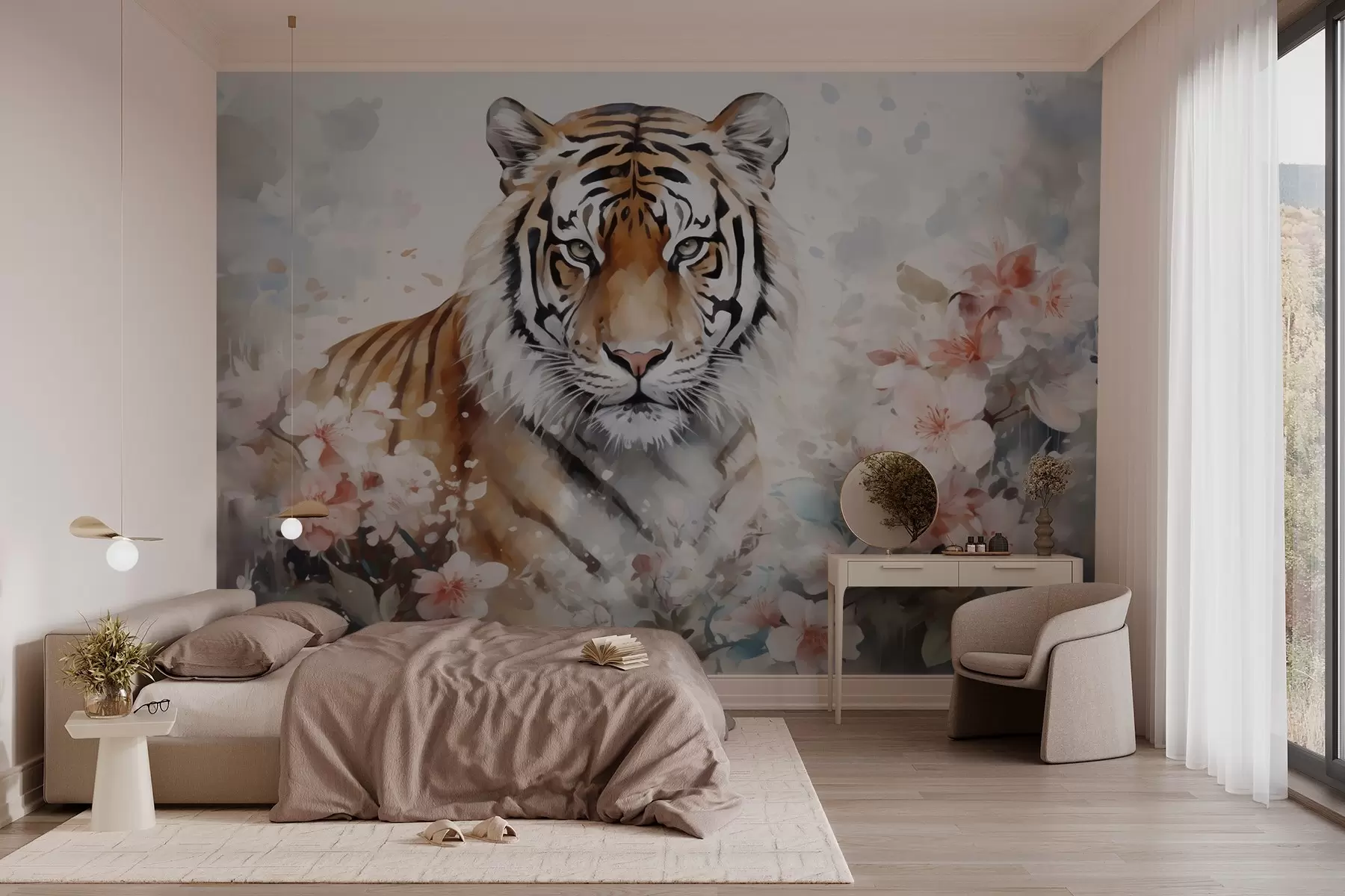 wall murals Abstract tiger in flowers imitation of watercolor w02892