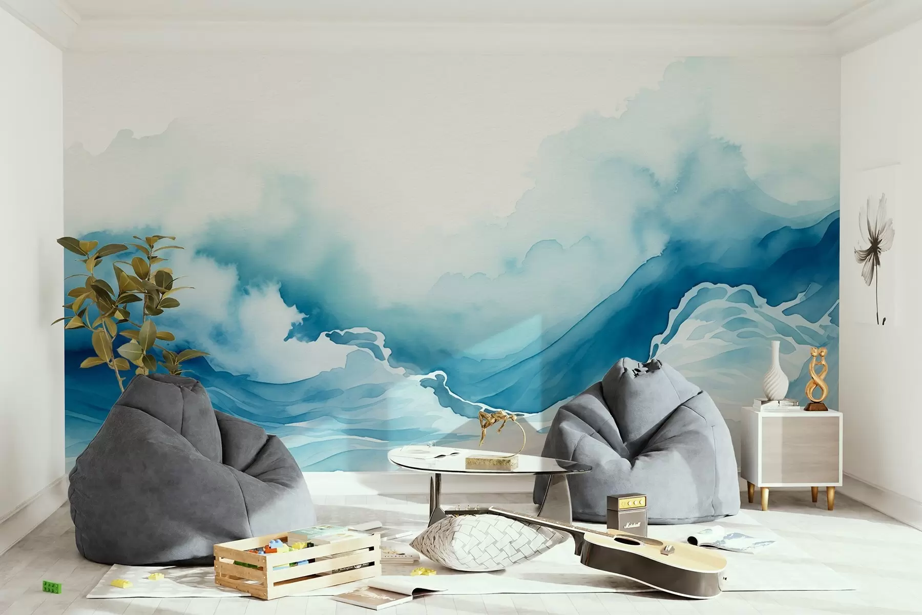wall murals Ocean waves in watercolor style in blue tones w08655