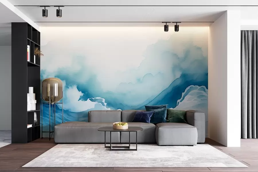 wall murals Ocean waves in watercolor style in blue tones w08655
