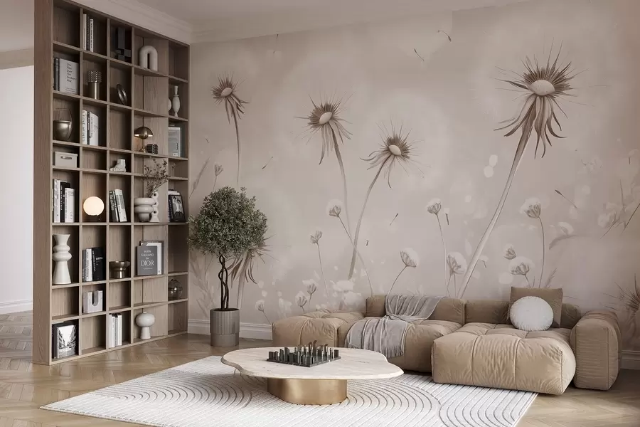 wall murals Elegant dandelions and wildflowers in painting style in beige tones w08657v1