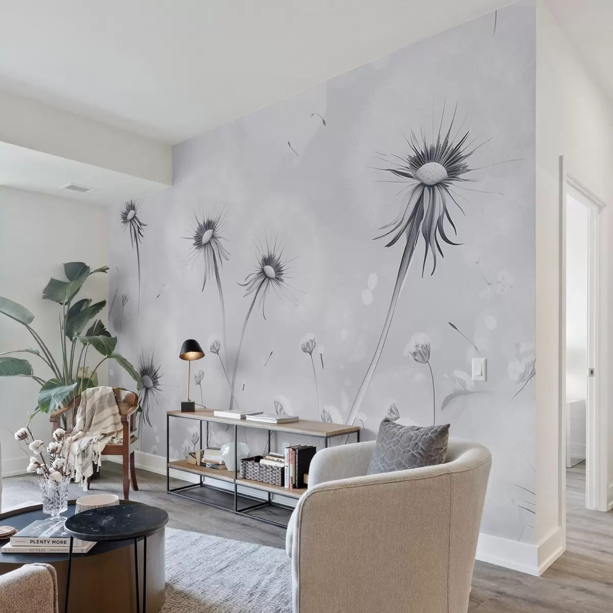 wall murals Elegant dandelions and wildflowers in painting style in blue tones w08657v2