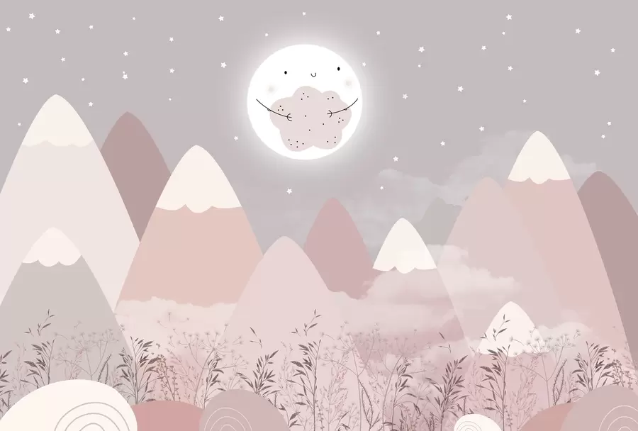 wall murals Children's mountains with a cute moon and plants at the bottom w08659
