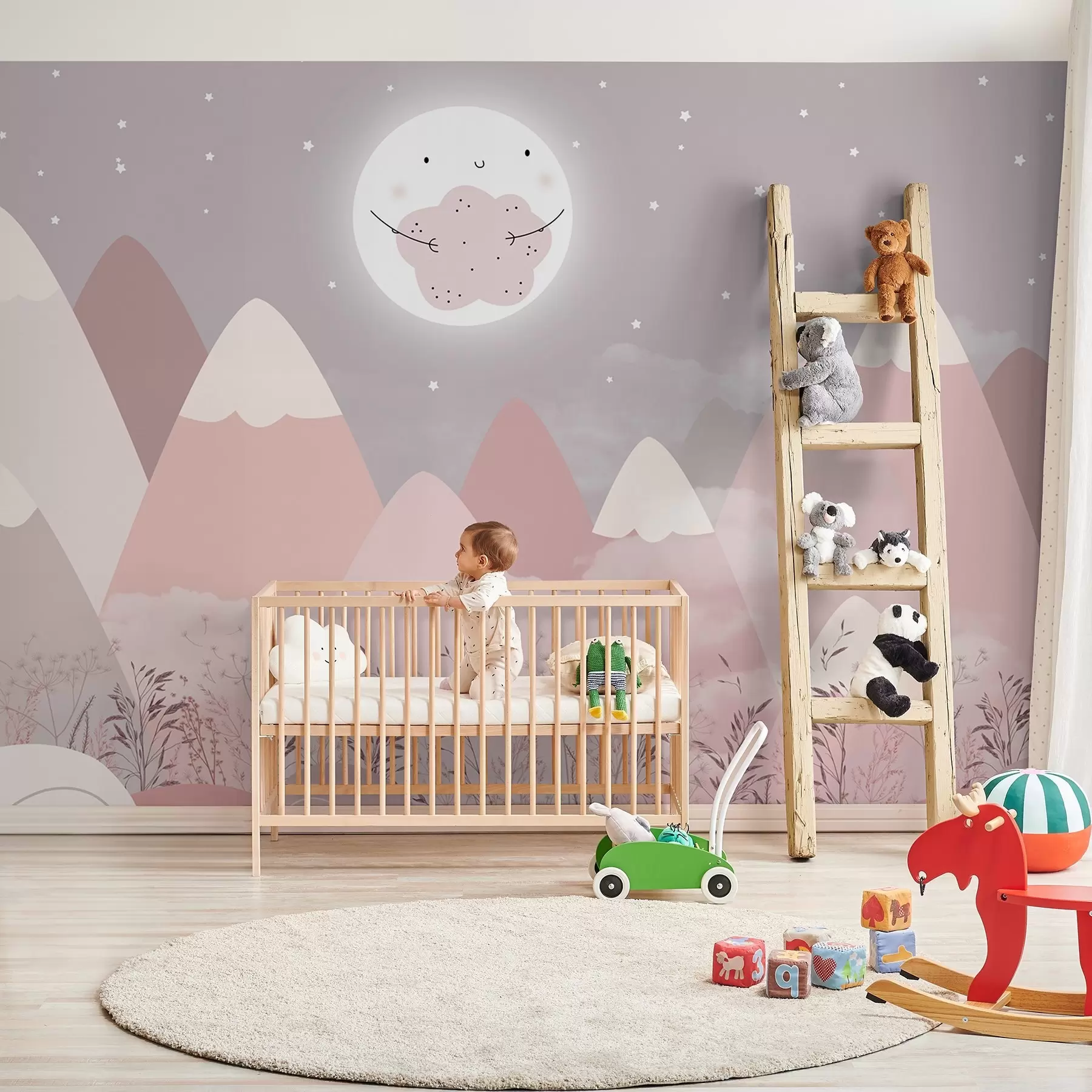 wall murals Children's mountains with a cute moon and plants at the bottom w08659