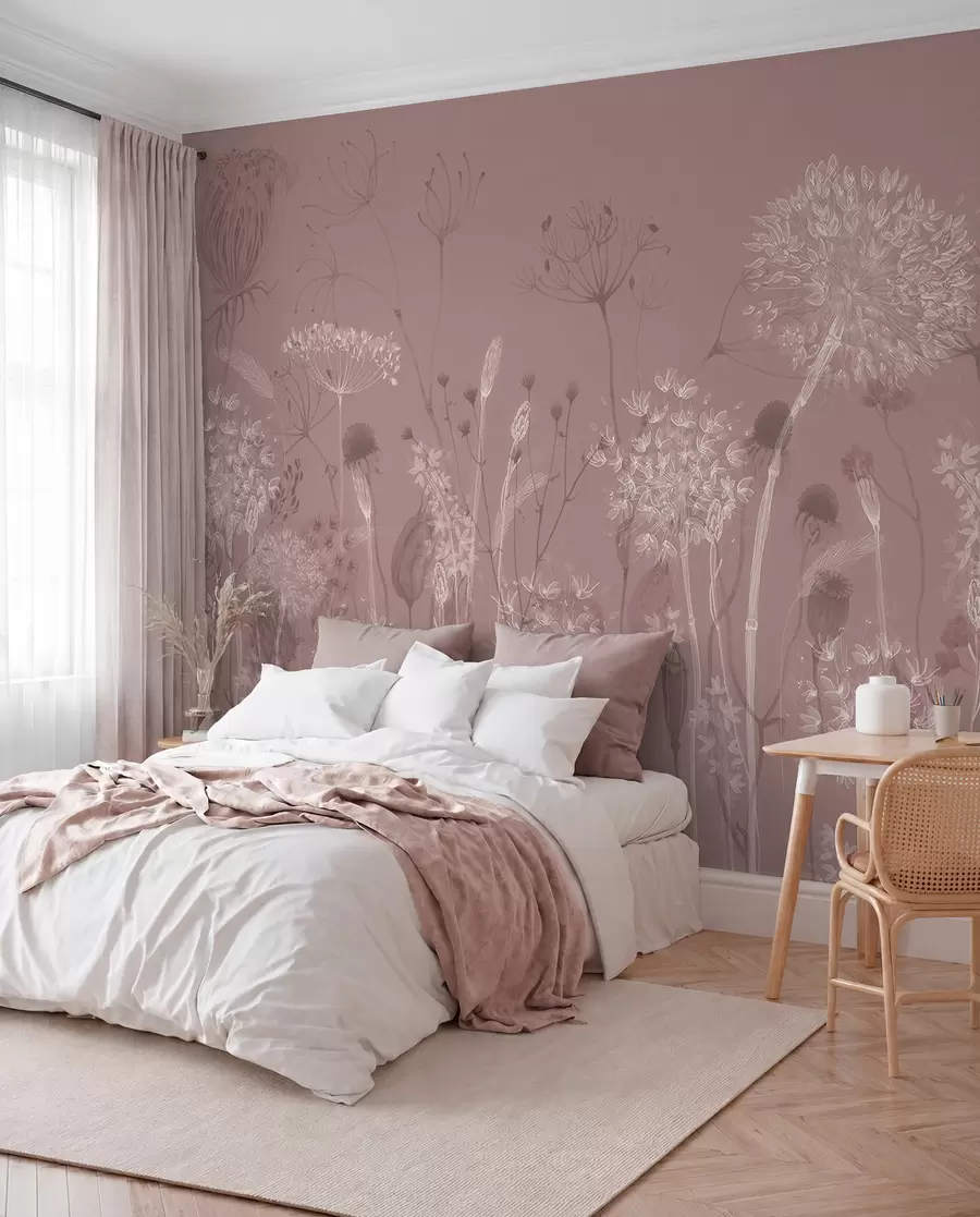 wall murals Airy dandelions and wildflowers in watercolor style in pink tones w08637v1