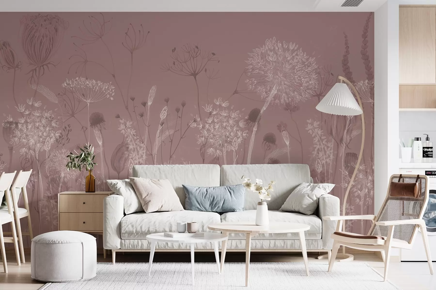 wall murals Airy dandelions and wildflowers in watercolor style in pink tones w08637v1