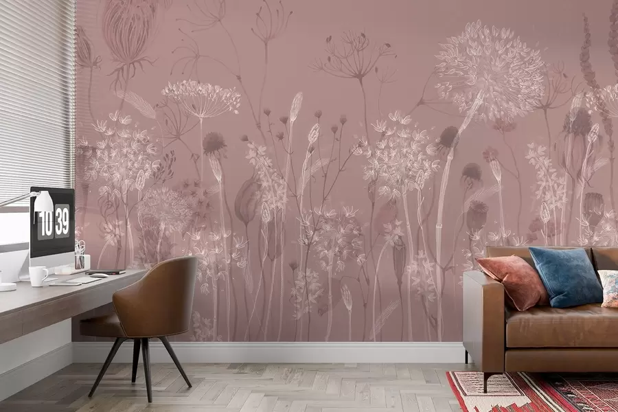 wall murals Airy dandelions and wildflowers in watercolor style in pink tones w08637v1