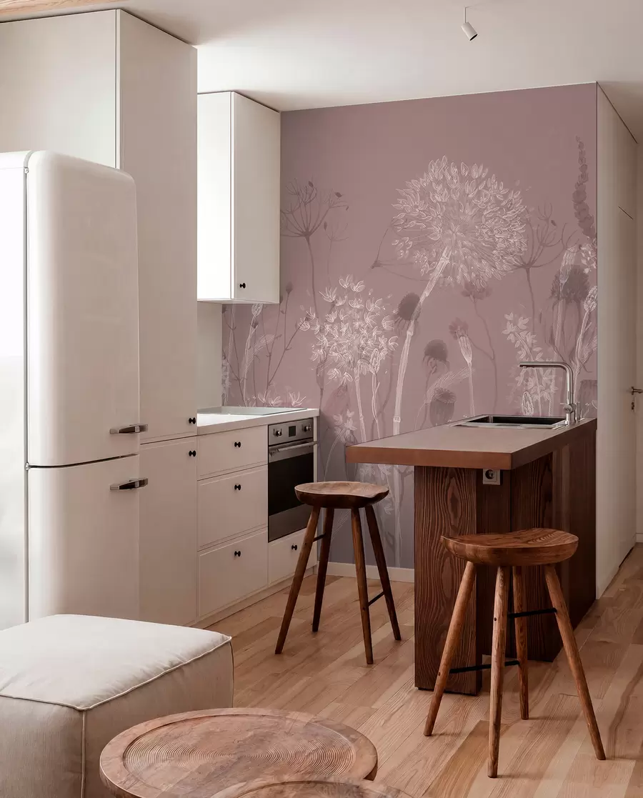 wall murals Airy dandelions and wildflowers in watercolor style in pink tones w08637v1