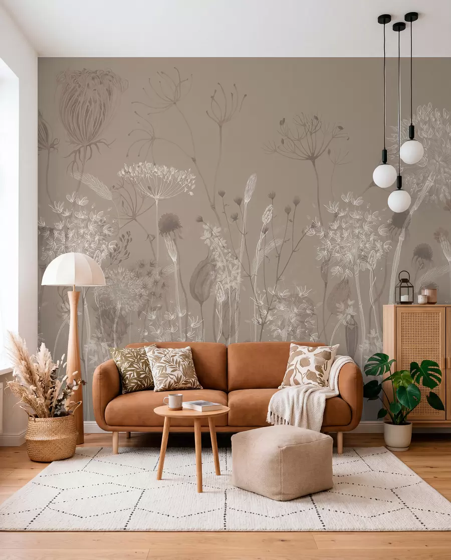 wall murals Meadow Sketch on Taupe w08637v2