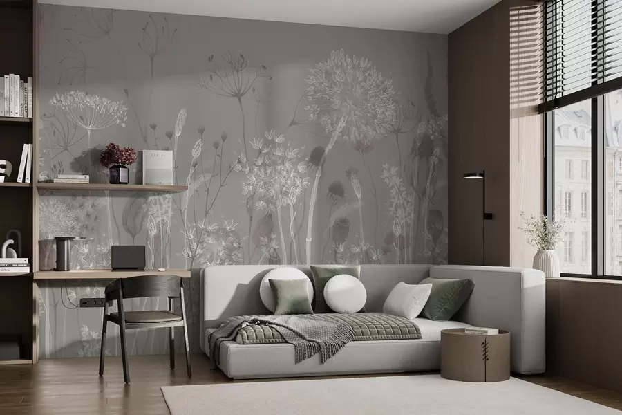 wall murals Airy dandelions and wildflowers in watercolor style in blue-gray tones w08637v3