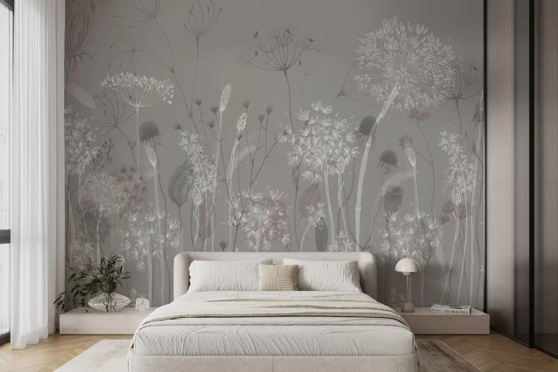 wall murals Airy dandelions and wildflowers in watercolor style in blue-gray tones w08637v3