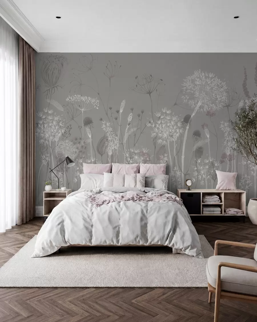 wall murals Airy dandelions and wildflowers in watercolor style in blue-gray tones w08637v3
