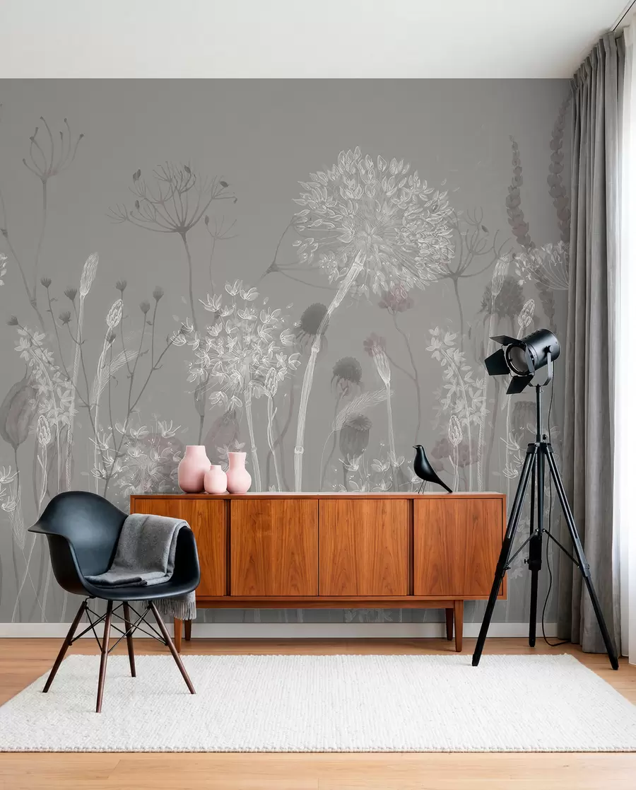 wall murals Airy dandelions and wildflowers in watercolor style in blue-gray tones w08637v3