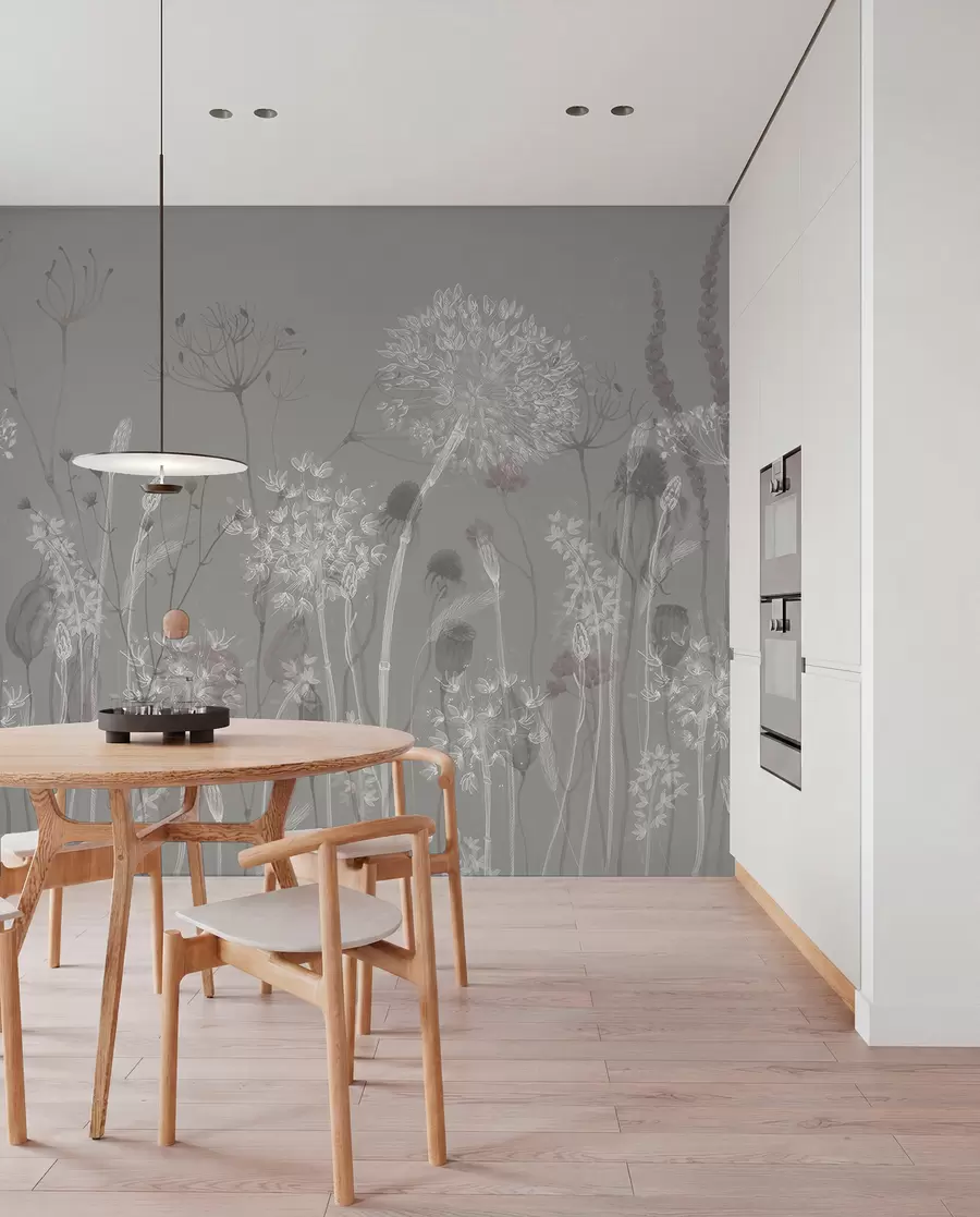 wall murals Airy dandelions and wildflowers in watercolor style in blue-gray tones w08637v3