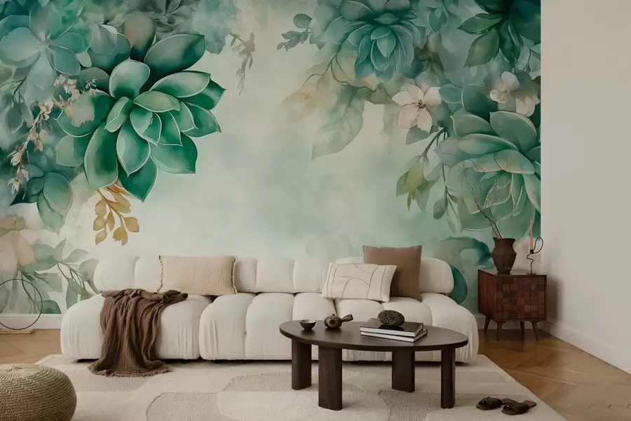 wall murals Delicate lush succulents and floral elements in watercolor style in green tones w02874