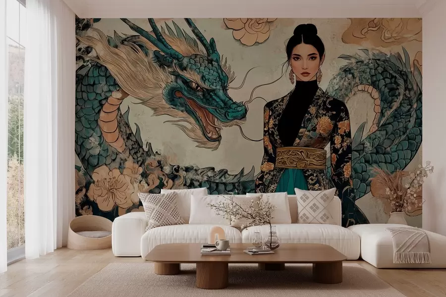 wall murals Woman in a robe with a dragon, oriental style w02875