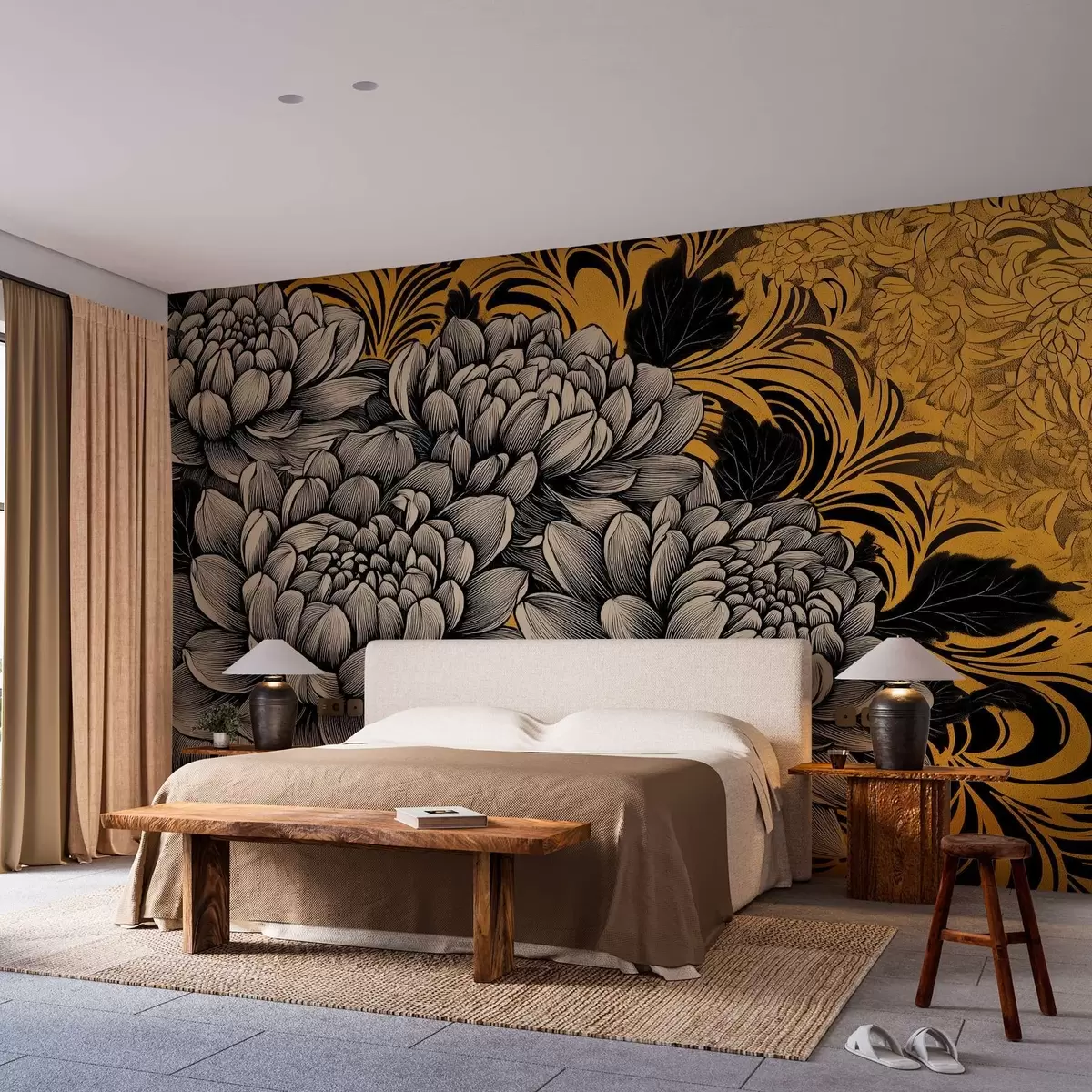 wall murals Lush peonies in graphic style on a yellow patterned background w02876