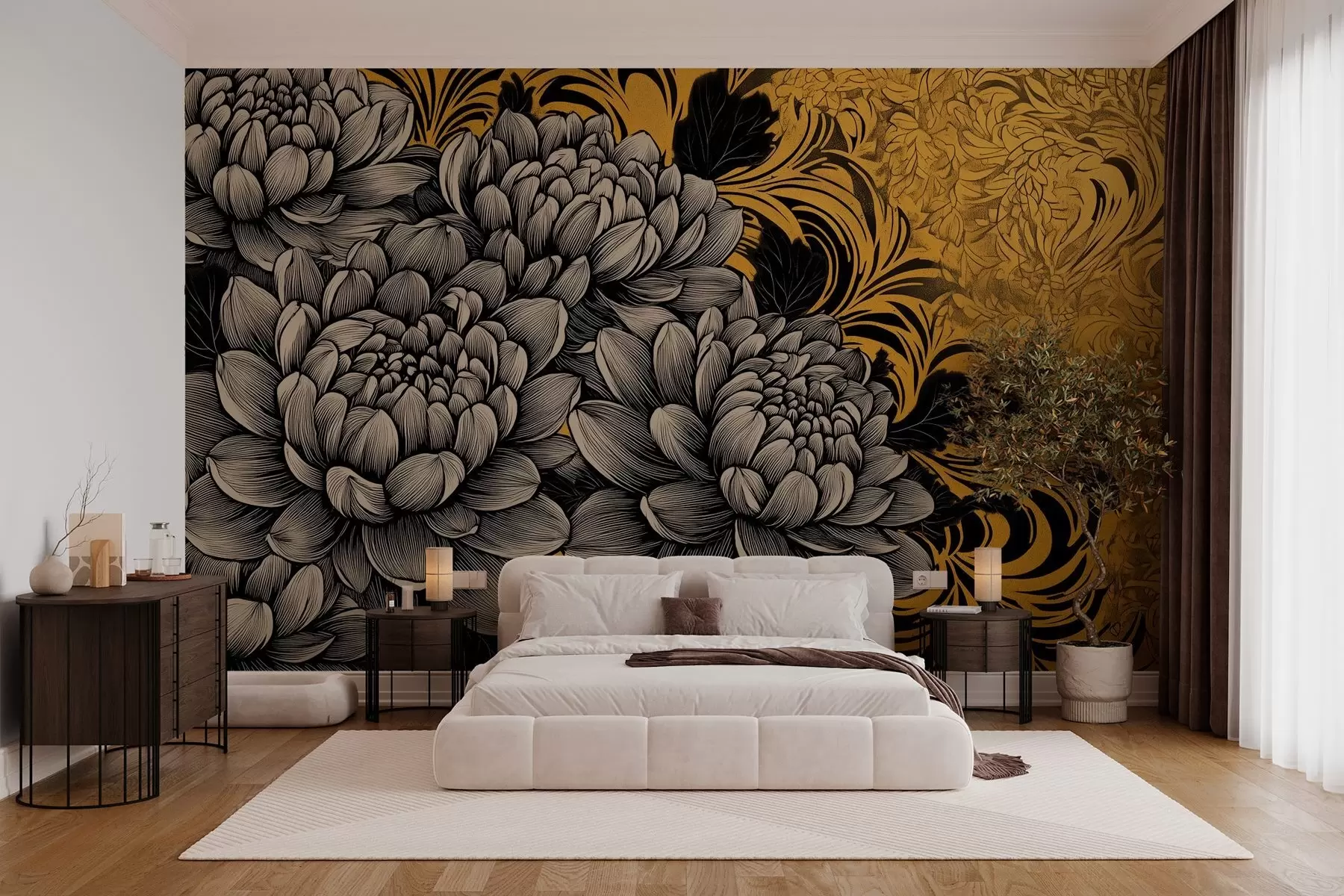 wall murals Lush peonies in graphic style on a yellow patterned background w02876