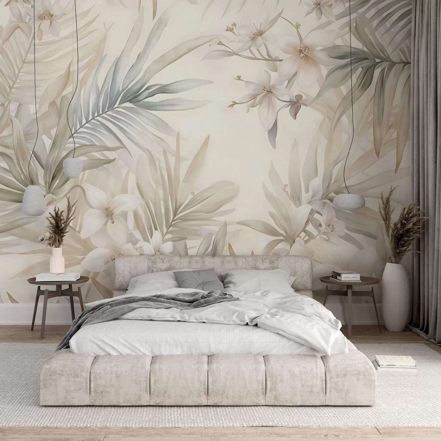 wall murals Pastel-colored tropical leaves and flowers, featuring light greens, creams, and subtle pinks w08660