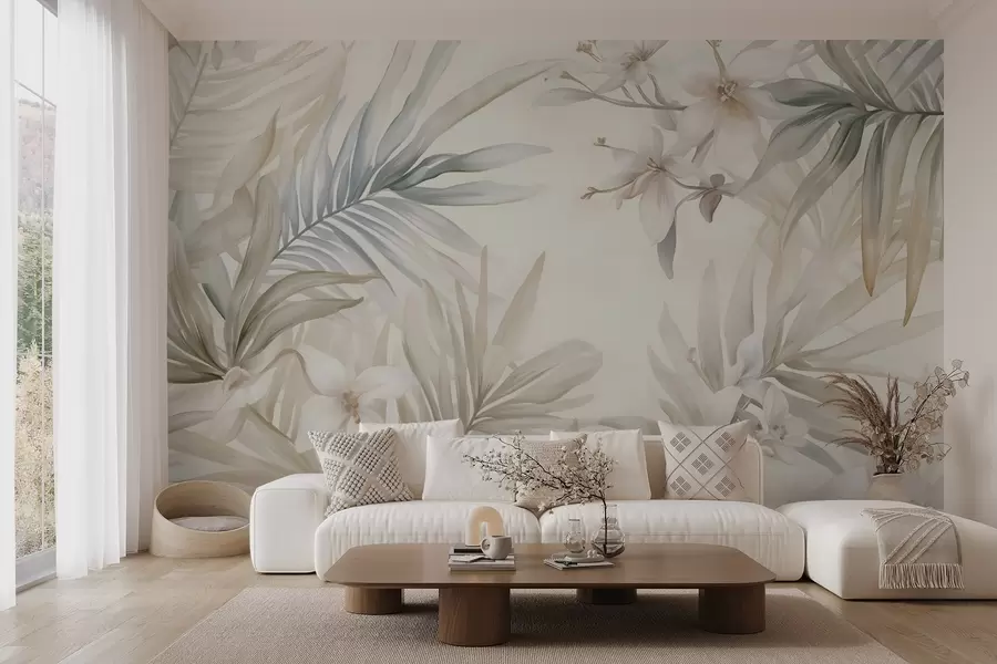 wall murals Pastel-colored tropical leaves and flowers, featuring light greens, creams, and subtle pinks w08660