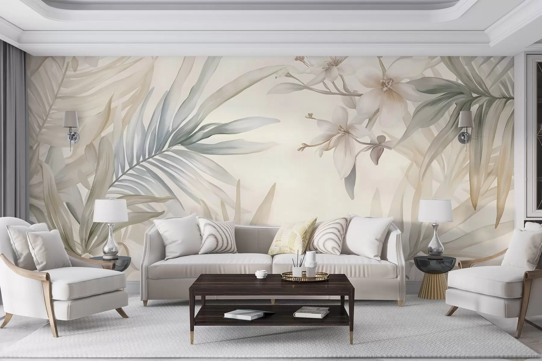 wall murals Pastel-colored tropical leaves and flowers, featuring light greens, creams, and subtle pinks w08660