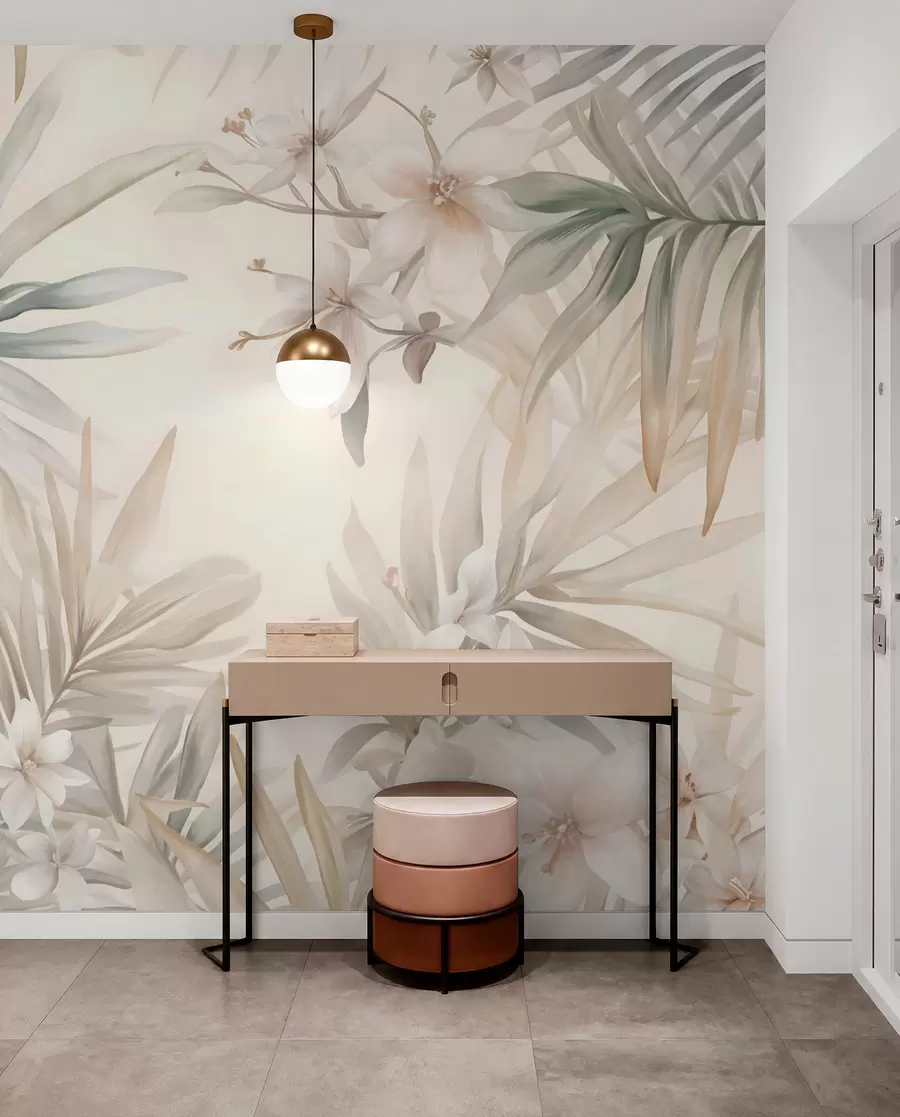 wall murals Pastel-colored tropical leaves and flowers, featuring light greens, creams, and subtle pinks w08660