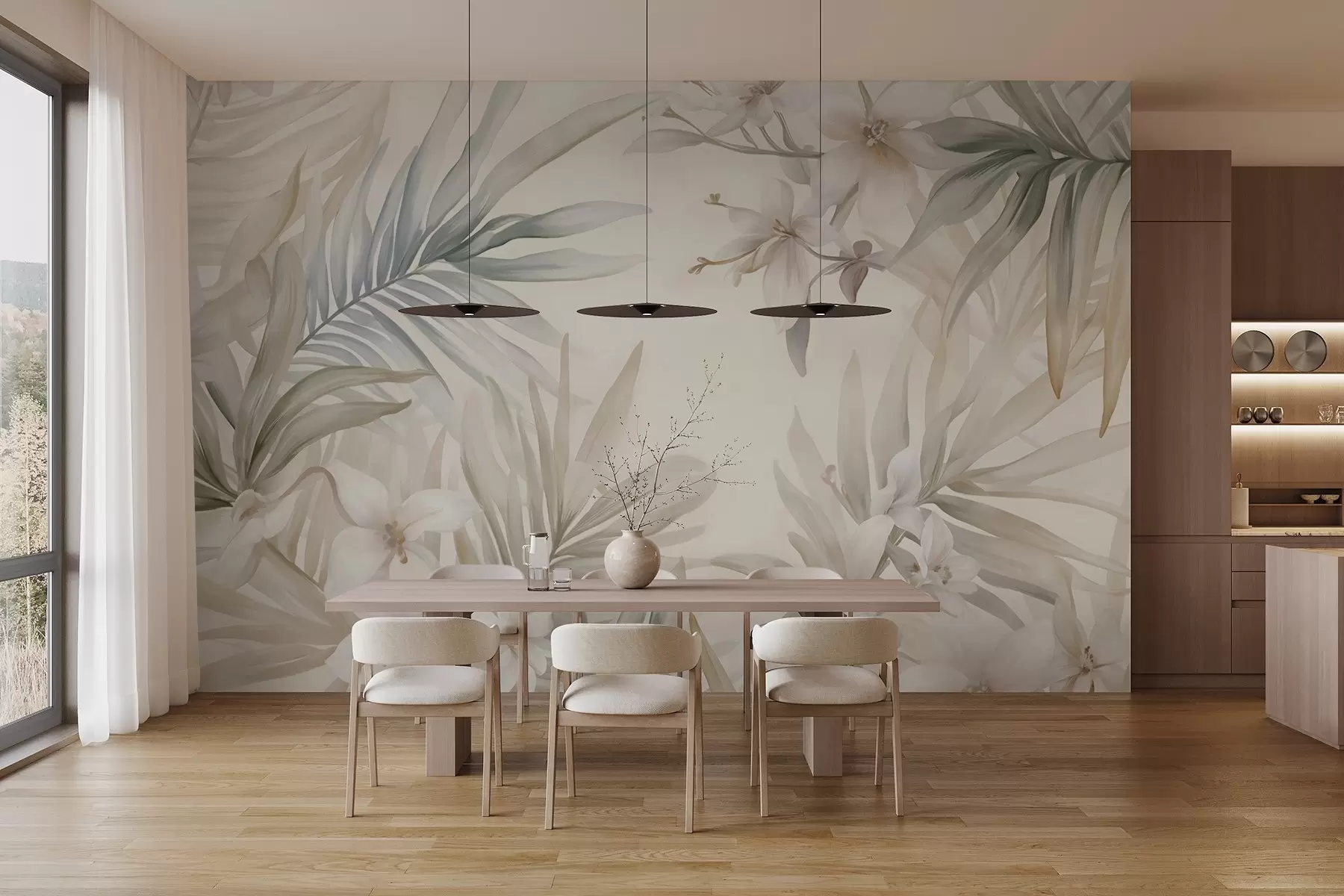 wall murals Pastel-colored tropical leaves and flowers, featuring light greens, creams, and subtle pinks w08660
