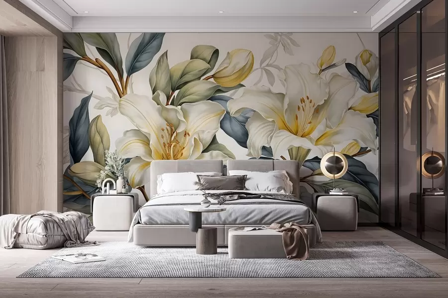 wall murals Painting of white lilies with yellow accents and green and brown leaves, against a light background w08661
