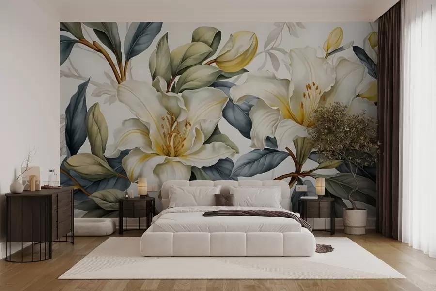 wall murals Painting of white lilies with yellow accents and green and brown leaves, against a light background w08661