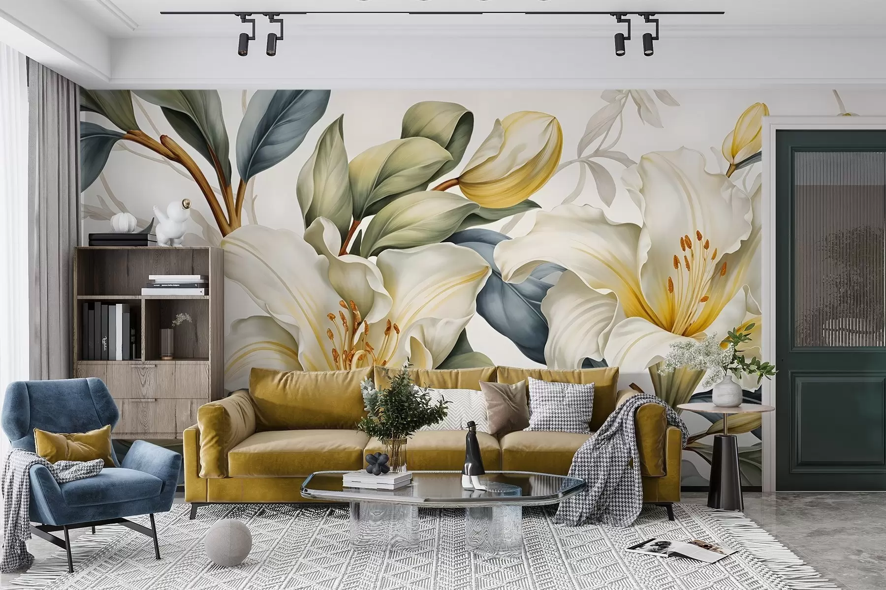 wall murals Painting of white lilies with yellow accents and green and brown leaves, against a light background w08661