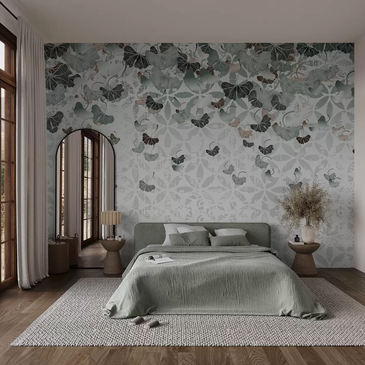 wall murals Cascading ginkgo leaves in shades of green and brown, against a textured background with floral motifs  w08662