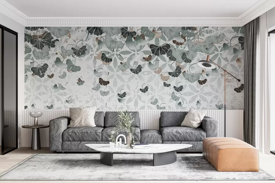 wall murals Cascading ginkgo leaves in shades of green and brown, against a textured background with floral motifs  w08662