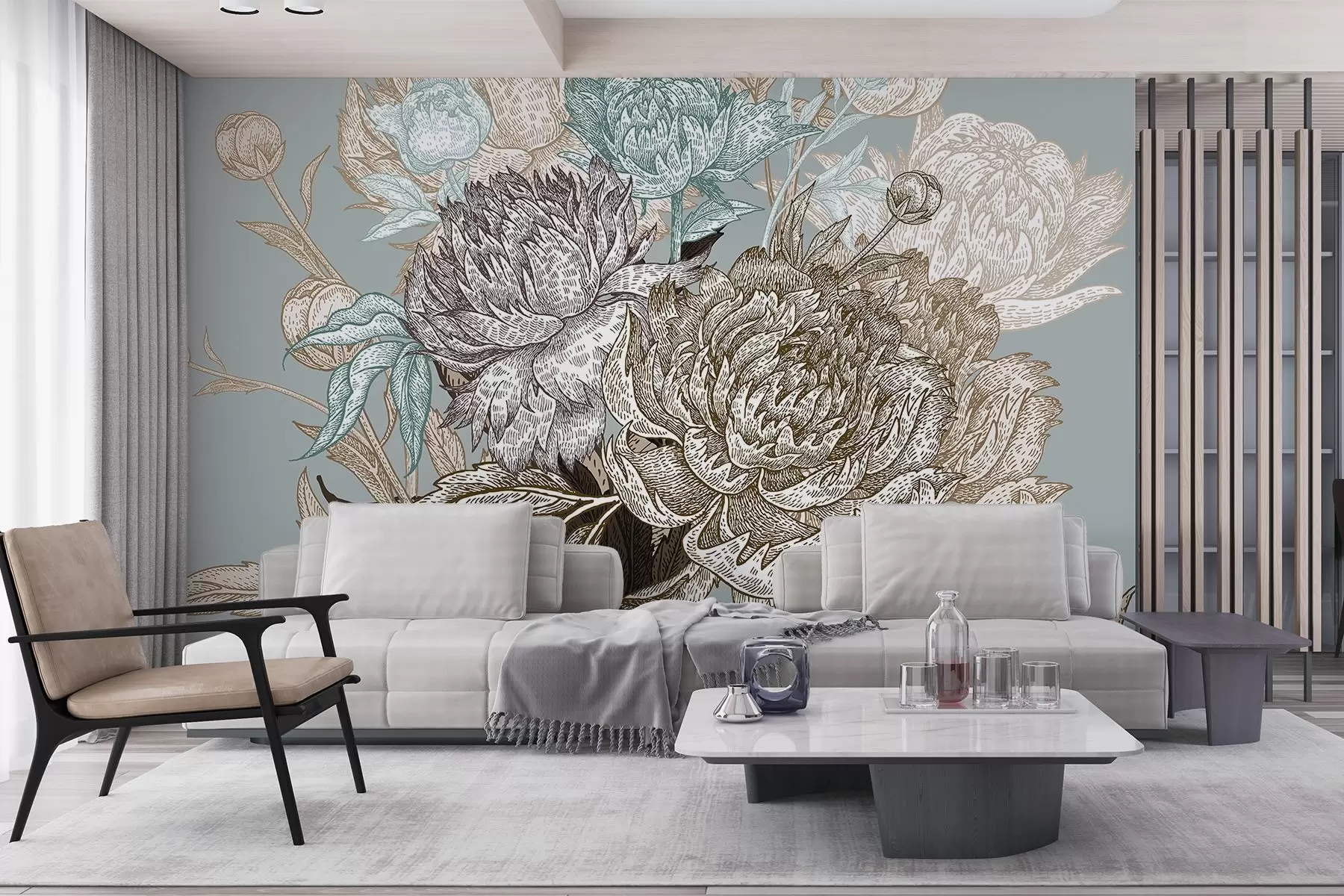 wall murals A detailed floral line design featuring large peonies and leaves in shades of blue, beige and brown w08663
