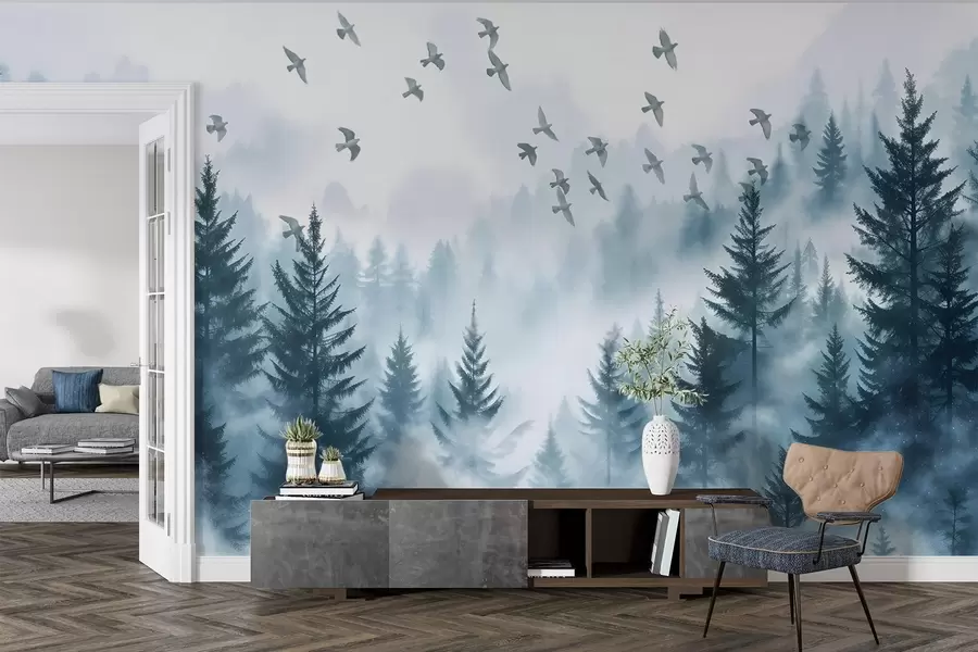 wall murals Tranquil foggy forest with trees in shades of blue and flock of birds is flying in the sky  w08664