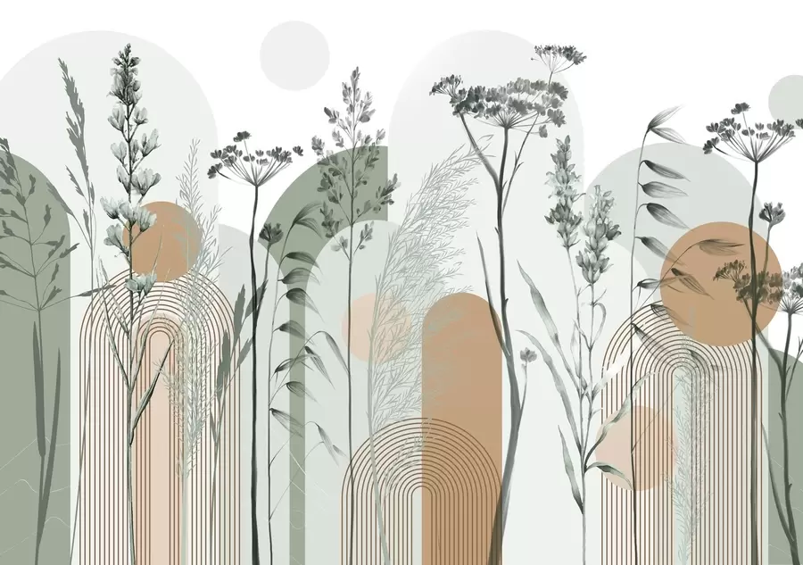 wall murals A collection of plants and flowers in neutral tones on abstract arch background in soft green and orange hues w08665v1