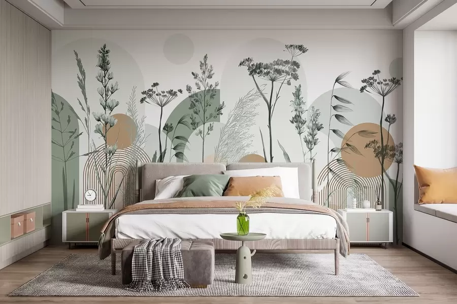 wall murals A collection of plants and flowers in neutral tones on abstract arch background in soft green and orange hues w08665v1
