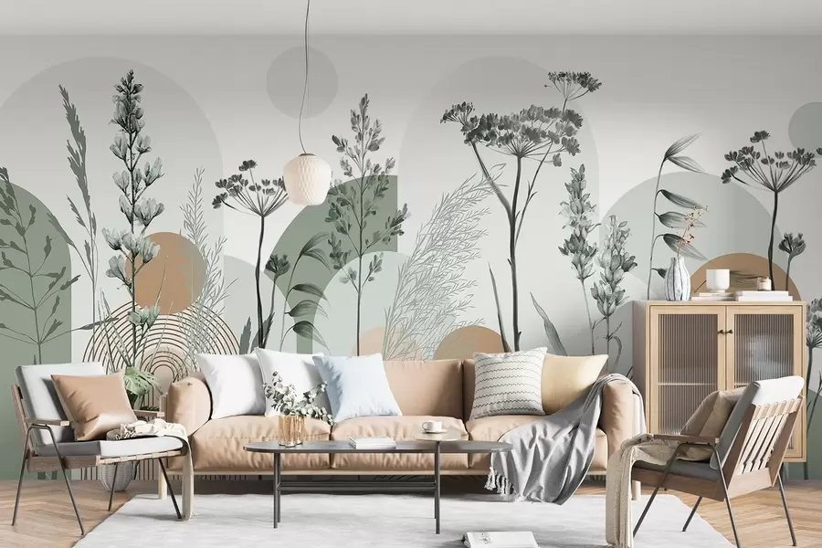 wall murals A collection of plants and flowers in neutral tones on abstract arch background in soft green and orange hues w08665v1