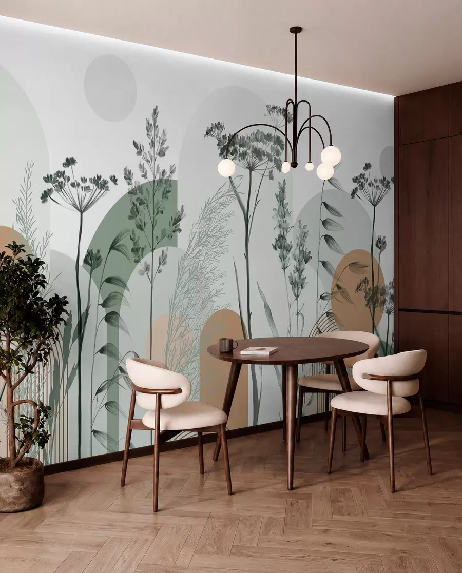 wall murals A collection of plants and flowers in neutral tones on abstract arch background in soft green and orange hues w08665v1