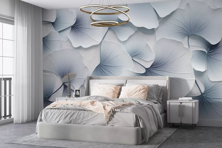 wall murals Light blue ginkgo leaves with soft gradients and delicate veins, overlapping each other  w08666