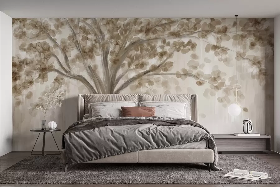 wall murals A large tree with soft, abstract leaves in beige on a light, neutral background enhancing the tree's tones  w08669