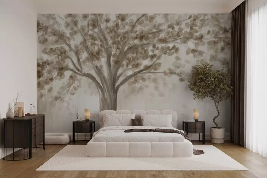 wall murals A large tree with soft, abstract leaves in beige on a light, neutral background enhancing the tree's tones  w08669