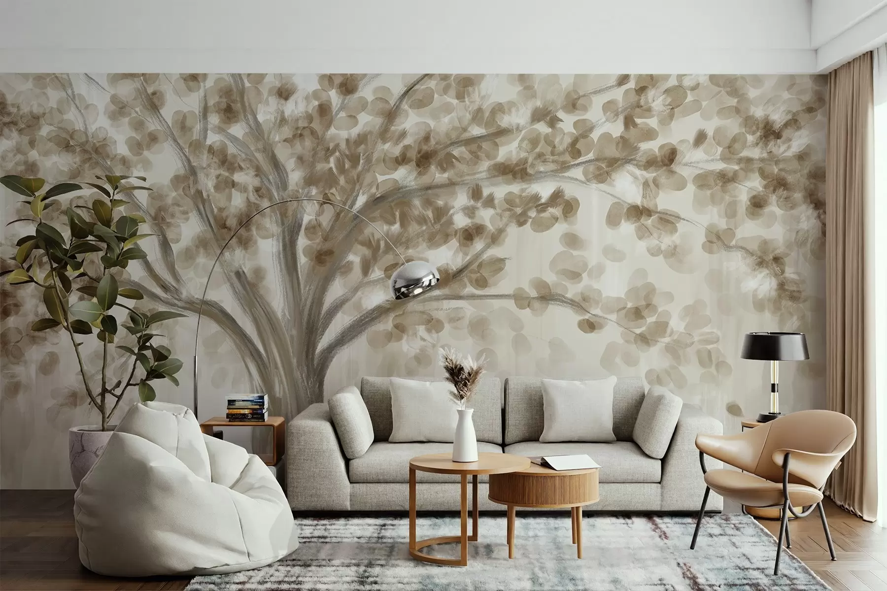 wall murals A large tree with soft, abstract leaves in beige on a light, neutral background enhancing the tree's tones  w08669