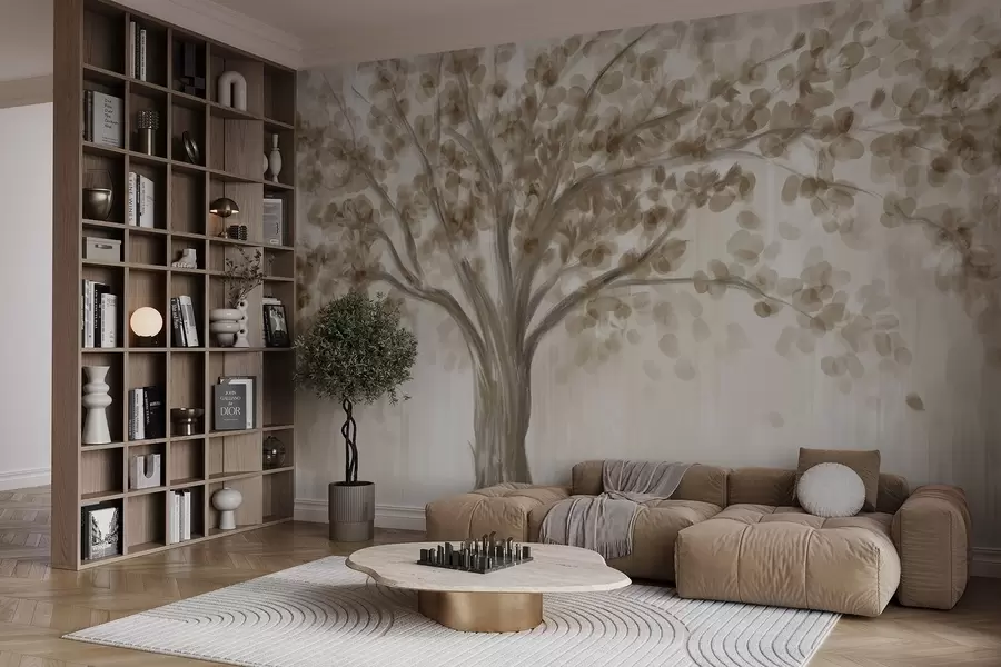wall murals A large tree with soft, abstract leaves in beige on a light, neutral background enhancing the tree's tones  w08669